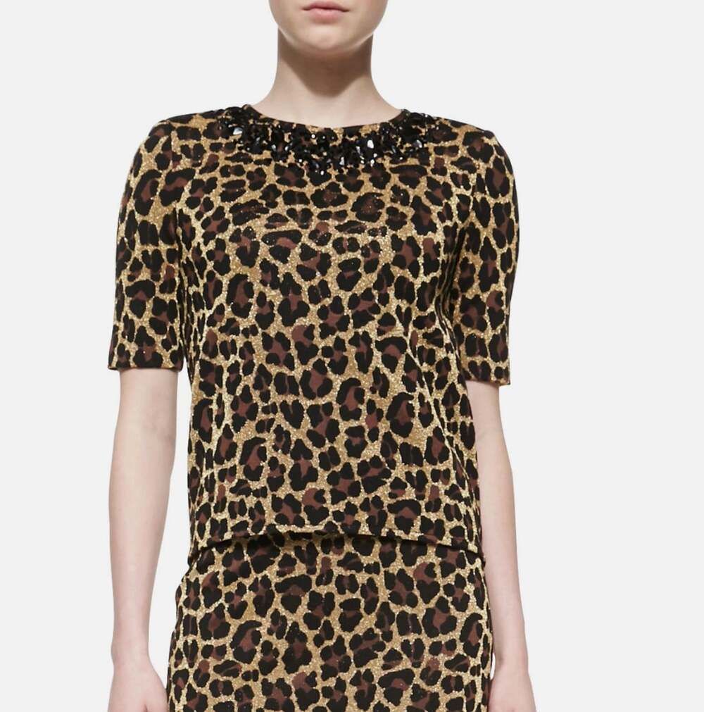St. John Collection Leopard Knit Elbow Sleeve Top Size 14 Jewel Neckline